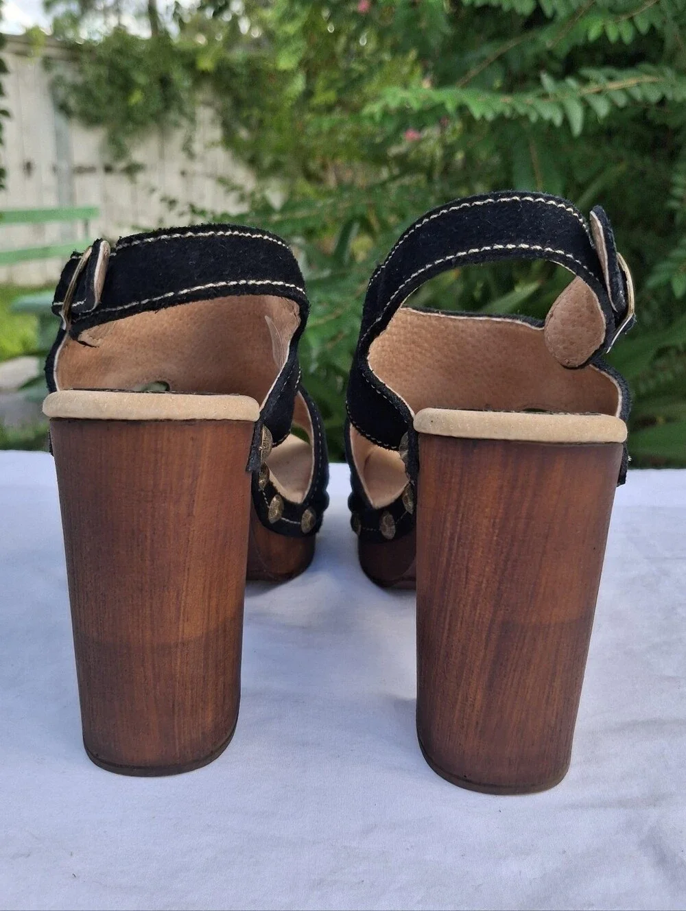 Californians Black Suede Studded Wood Sole Slingback Platform Sandals Clogs Sz 7